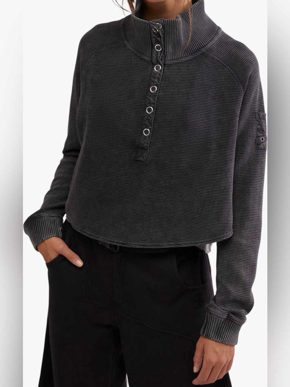 Free People Charcoal Ribbed Snap-Front Funnel Neck Pullover